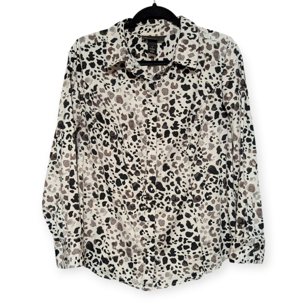 Lane Bryant Women's Plus White Black Leopard Print Cotton Button Up Shirt